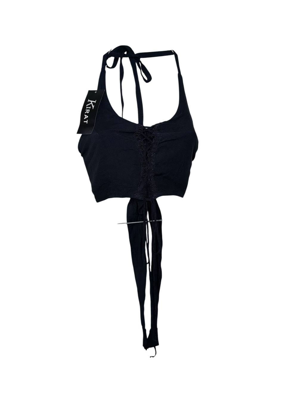 Black Lace-Up Halter Crop Bra